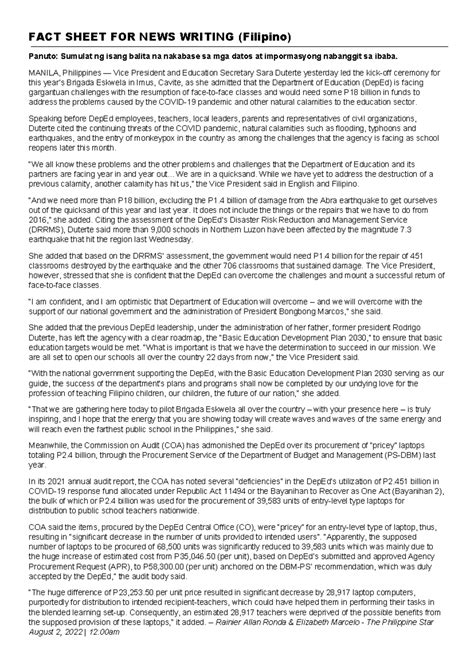 fact sheet news writing filipino|NEWS Writing fact sheet .